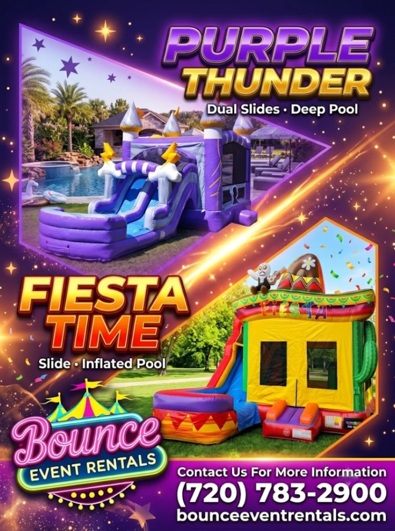 Purple Thunder Bounce House Dual Slides Deep Pool And Fiesta Bounce House Slide Inflated Pool rental for Evergreen CO events in ZIP code 80439